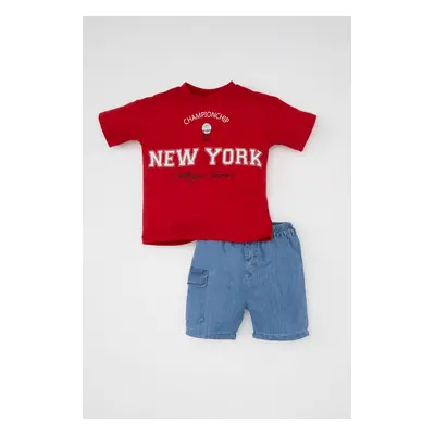 DEFACTO Baby Boy Printed Short Sleeve T-Shirt Jean Shorts 2-Piece Set