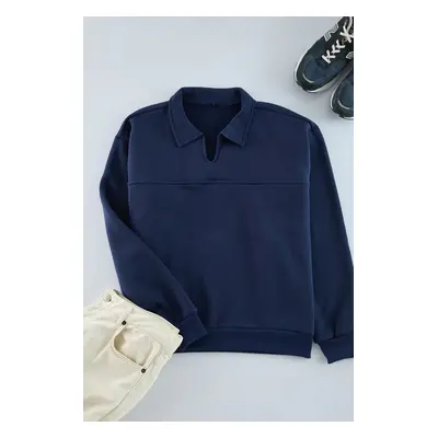 Trendyol Navy Blue Oversize/Wide Cut Polo Sweatshirt with Fleece Inside