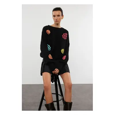 Trendyol Black Floral Crew Neck Knitwear Sweater