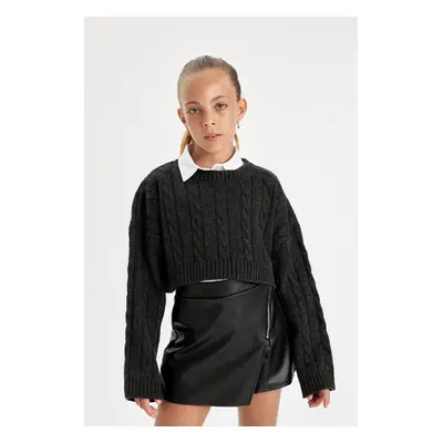 DEFACTO Girl's Anthracite Crop Crew Neck Hair Knitted Acrylic Sweater