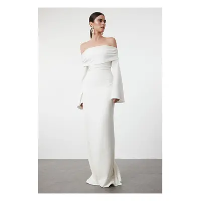 Trendyol White Carmen Collar Knitted Long Evening Evening Dress