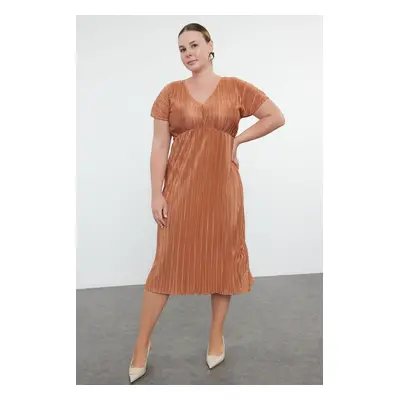 Trendyol Curve Brown Reversible Pleated Midi Plus Size Dress