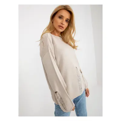 Beige women's oversize sweater with holes with wool