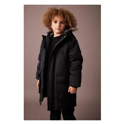 DEFACTO Boy&#39;s Hooded Water Repellent Plush Lining Long Coat