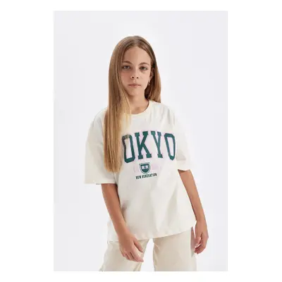 DEFACTO Girls Oversize Fit Crew Neck Printed Short Sleeve School T-Shirt