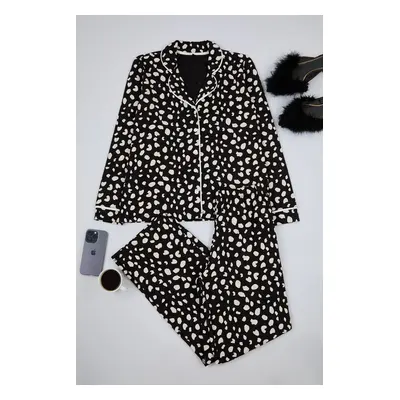 Trendyol Black 100% Cotton Leopard Patterned Shirt-Pants Knitted Pajama Set