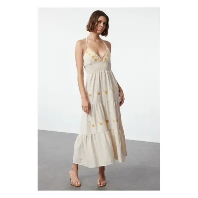 Trendyol Stone Floral Embroidered Midi Woven Dress