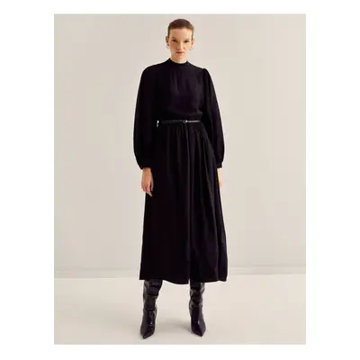 Koton Women's Black Balloon Sleeve Crew Neck Long Dress