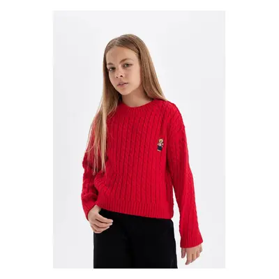 DEFACTO Girl's Claret Red Standard Fit Crew Neck Knitwear Sweater