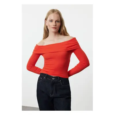 Trendyol Red Carmen Collar Crop/Short Stretchy Knitted Blouse