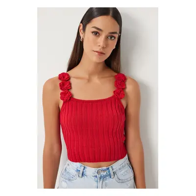 Happiness İstanbul Women's Red Floral Strap Crop Knitwear Blouse