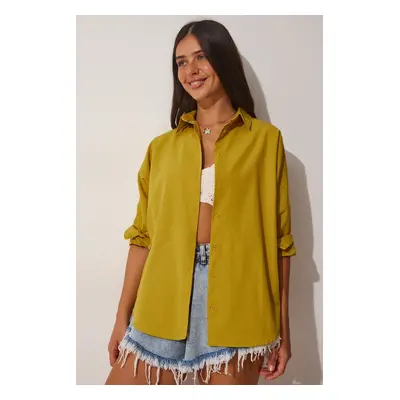 Happiness İstanbul Women's Oil Green Oversized Basic Poplin Shirt