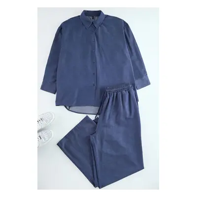 Trendyol Curve Navy Blue Flexible Waist Woven Plus Size Shirt-Pants Bottom-Top Set