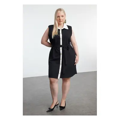 Trendyol Curve Black Shirt Collar Gold Buttoned Detachable Belt Plus Size Mini Woven Dress