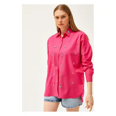 Olalook Women's Fuchsia Collar and Jewelled Front Six Oval Woven Shirt