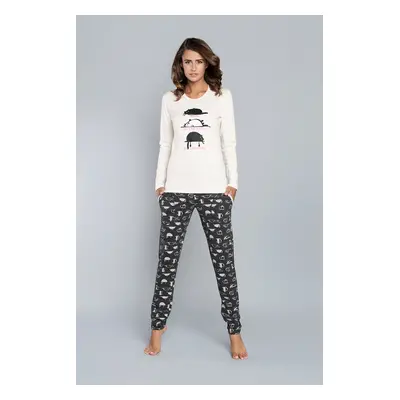 Pyjamas Dima long sleeves, long pants - ecru print/dark melange