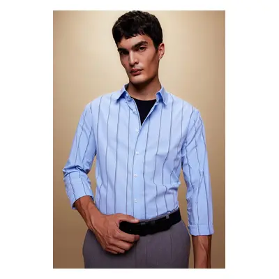 DEFACTO Modern Fit Polo Collar Striped Woven Long Sleeve Shirt