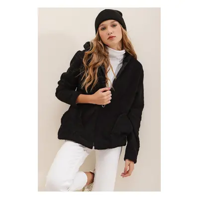 Trend Alaçatı Stili Women's Black Hooded Zippered Front Double Pocket Oversized Plush Sweatshirt