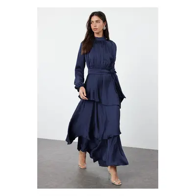 Trendyol Navy Blue Skirt Layered Satin Woven Evening Dress/Night Dress