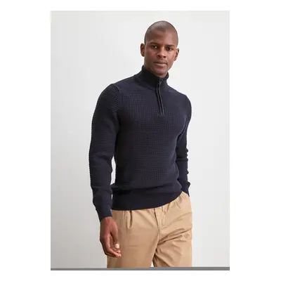 Trendyol Navy Blue Slim Half Turtleneck Textured Knitwear Sweater