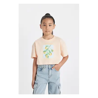 DEFACTO Girl's Crop Crew Neck Printed Short Sleeve T-Shirt