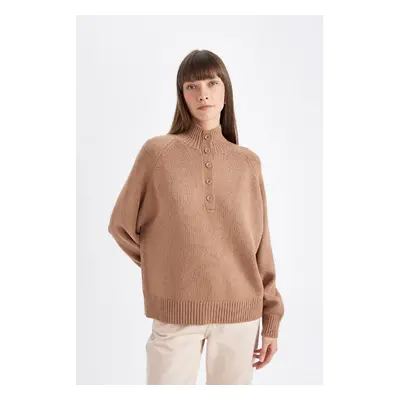 DEFACTO Women's Relax Fit Soft Texture Button-down Collar Basic Plain Knitwear Sweater