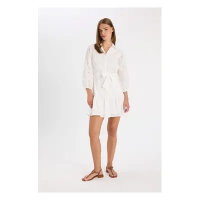 DEFACTO Shirt Collar Embroidered Long Sleeve Mini Dress