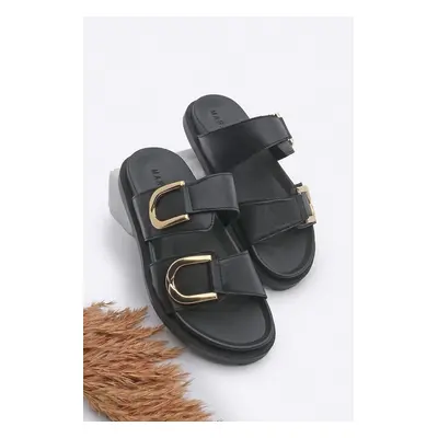 Marjin Women's Genuine Leather Gold Buckle Detailed Thick Sole Slippers Merpe Black