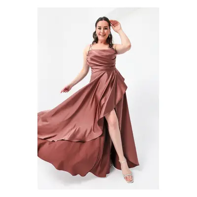 Lafaba Women's Salmon Plus Size Satin Evening Dress with a slit. Prom Evening Dress.