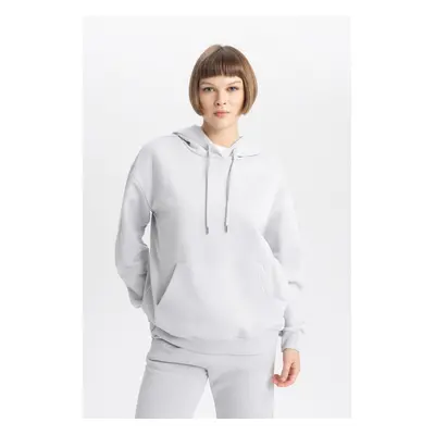 DEFACTO Relax Fit Hooded Kangaroo Pocket Thick Basic Plain Gray Sweatshirt