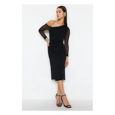 Trendyol Black Abstract Lined Midi Lined Asymmetrical Neck Knit Dress