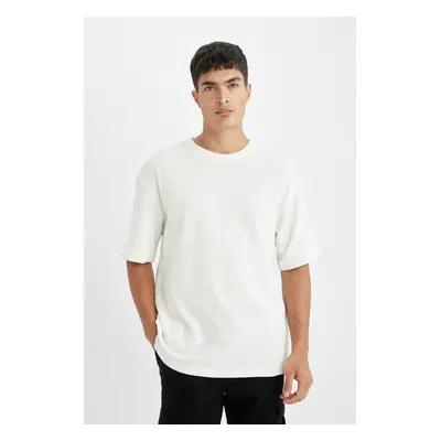 DEFACTO Men's Ecru Relax Fit Casual Cut Crew Neck Cotton Short Sleeve Basic T-Shirt