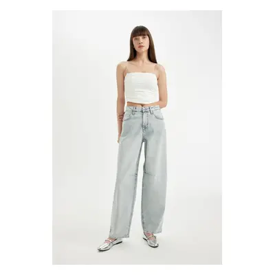 DEFACTO Baggy Fit High Waist Long Jean Washed Trousers