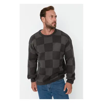 Trendyol Black Unisex Oversize Wide Pattern Crew Neck Plaid Knitwear Sweater