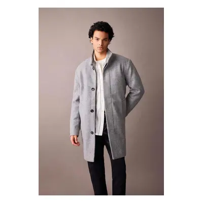 DEFACTO Men's Regular Fit Stand Collar Buttoned Pocket Cashmere Coat Parka