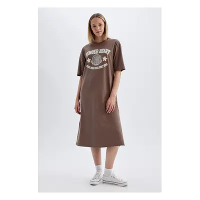 DEFACTO Crew Neck Printed Combed Cotton Short Sleeve Midi Dress