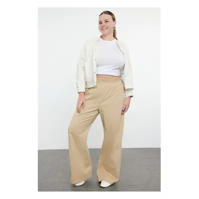 Trendyol Curve Beige 100% Cotton Flexible Elastic Waist Gabardine Thick Plus Size Woven Trousers