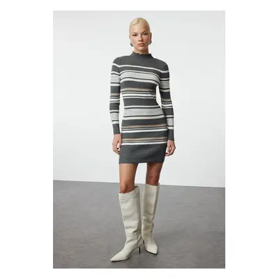 Trendyol Gray Mini Knit Color Block Stand Collar Dress