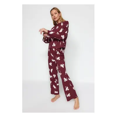 Trendyol Claret Red 100% Cotton Elephant Patterned Tshirt-Pants Knitted Pajama Set