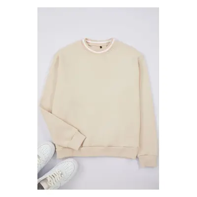 Trendyol Beige Premium Oversize/Wide Cut Collar Knitwear Tape Detailed Sweatshirt