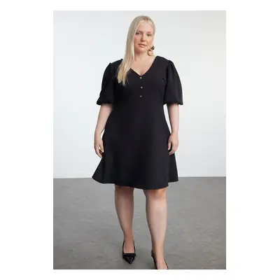 : Trendyol Curve Black V-Neck Balloon Sleeve Mini A-Line Woven Plus Size Dress