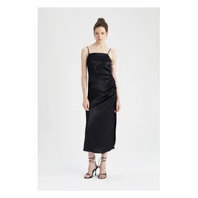 DEFACTO Bodycon Basic Strappy Black Satin Basic Midi Dress