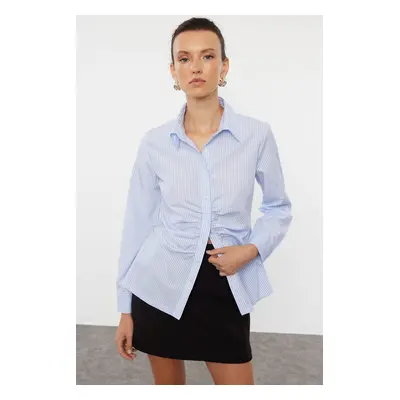 Trendyol Blue Striped Gather Detailed Fitted Woven Shirt