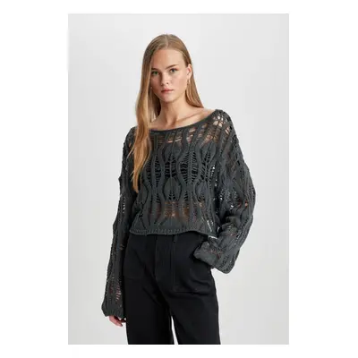 DEFACTO Cool Relax Fit Open Shoulder Crochet Sweater