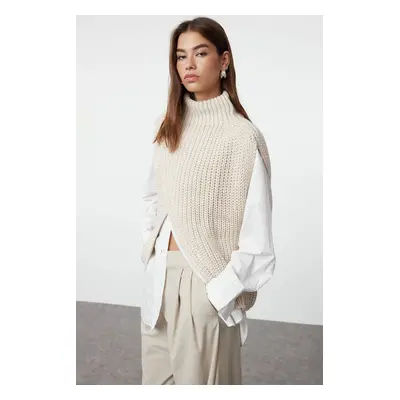 Trendyol Stone High Collar Slit Sweater