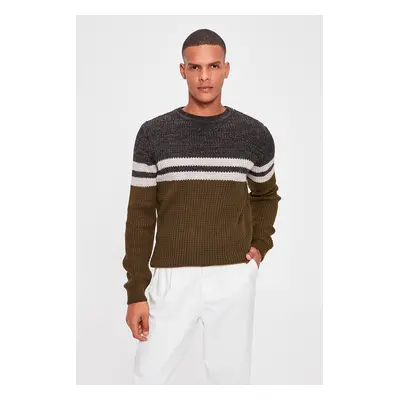 Trendyol Khaki Regular Crew Neck Color Block Knitwear Sweater