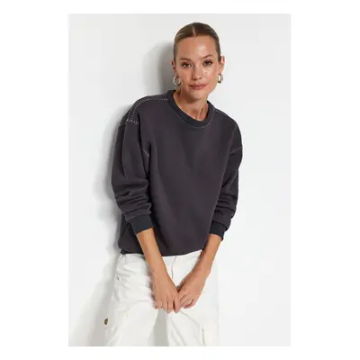 Trendyol Anthracite Crochet Detailed Crew Neck Regular Fit Fleece Inside Knitted Sweatshirt