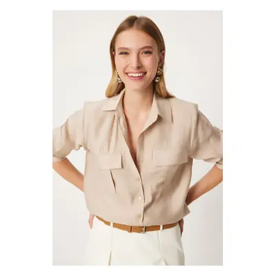 Happiness İstanbul Women's Beige Wide Pocket Tencel Shirt