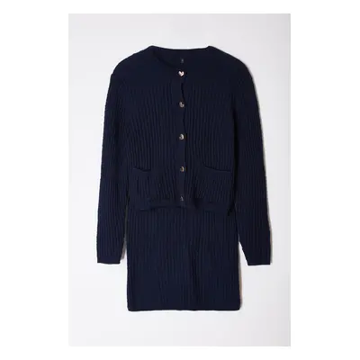 Trendyol Navy Blue Heart Buttoned Knitwear Top-Bottom Set