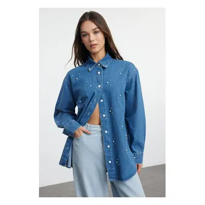 Trendyol Blue Pearl Stone Detailed Denim Shirt